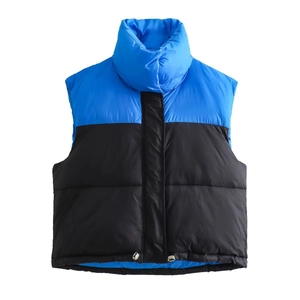 Gilet rembourré pour femme avec design contrasté bleu et noir, col montant et fermeture éclair