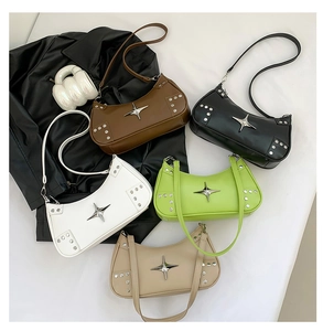 Detailed display of five colorful PU leather Y2K baguette bags with silver star buckles