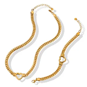Hip hop style gold stainless steel Cuban chain necklace and bracelet set with heart charm