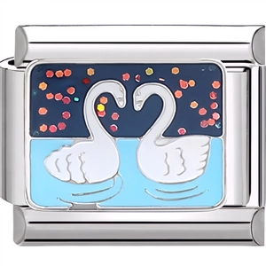 Detail of square stainless steel enamel charm with white swans and blue water scene