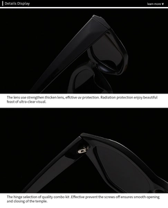 Close-up of reinforced metal hinges and UV protection lenses on black cat eye sunglasses