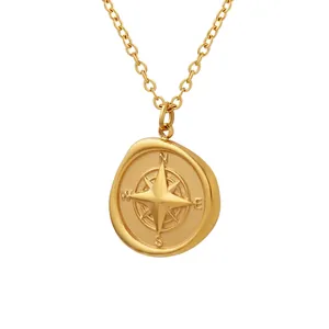 Compass Round Coin Pendant Necklace Titanium Steel 18K Gold Plated Vintage Minimalist Jewelry Clavicle Chain For Women