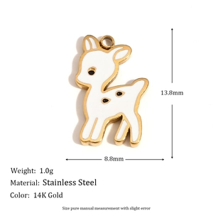 Detail of 14K gold plated stainless steel reindeer charm showing 13.8mm x 8.8mm dimensions
