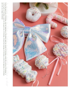 Pink and white Christmas ornament set featuring sequins bows, donuts and candy canes