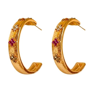 Golden flower hoop earrings with sparkling crystals and a textured metallic finish