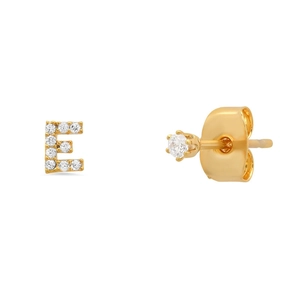 Detailed view of S925 silver letter E stud earring with crystals and round zircon setting