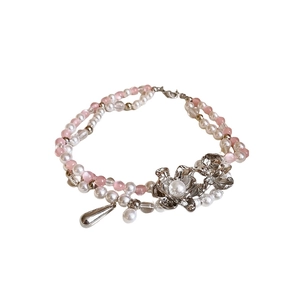 French style double-layer beaded necklace with pink opal beads and silver flower pendant