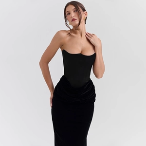 Elegant black velvet corset dress featuring a strapless bodice and tiered silhouette