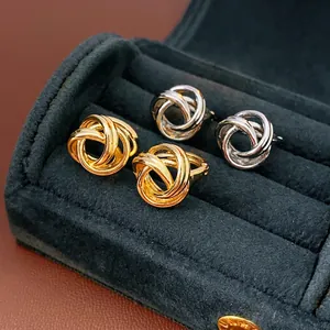 Boucles D'oreilles Puces Noeud Entrelacé Multicouche Cuivre Avec Tige En Argent Bijoux Mode Chic Pour Femmes