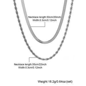 Detail showing 50cm snake chain and 55cm rope chain dimensions with 0.3cm width