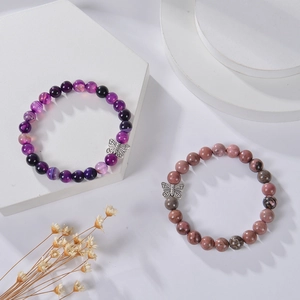 Natural 8mm purple agate and pink rhodonite beaded bracelets with butterfly charms