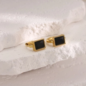 Elegant 18K gold plated rectangular earrings featuring black zircon stones and beaded edges