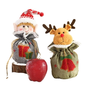 Christmas elf and reindeer burlap drawstring gift bags with plush doll decorations