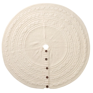Cream white cable knit Christmas tree skirt with five brown buttons on white background