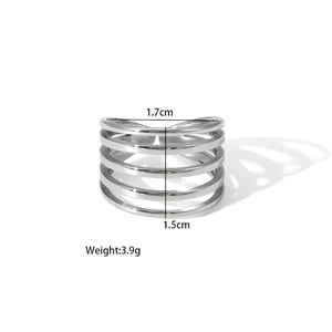 Macro shot of silver-toned wide layered ring featuring five parallel metal bands