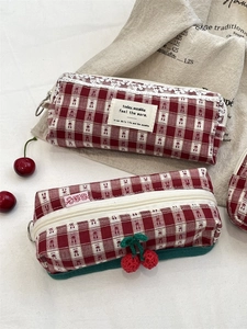 Cute cherry print large capacity red checkered canvas stationery pouch and makeup bag
