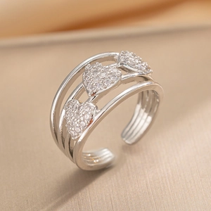 Adjustable triple heart zircon ring with silver multi-layer band and gold background
