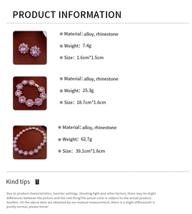 Detailed size and material information for pink rhinestone flower jewelry set