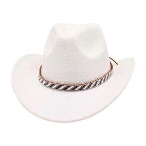 Detail of white felt cowboy hat featuring leopard print band with crystal accents
