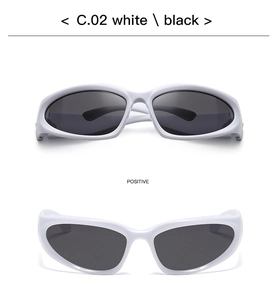 Front and top view of white wrap-around sports sunglasses with dark polarized lenses