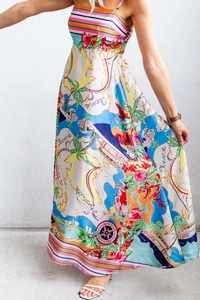 Detail view of tropical Oceania map print on a flowing summer maxi dress for women