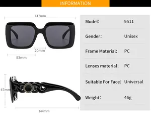 Detailed size guide for square frame sunglasses with frame width and temple length info