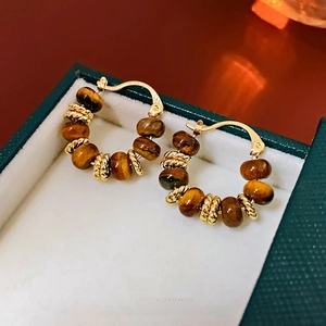 Vintage Tiger Eye Hoop Earrings Gemstone Circle Gold Plated Fashion Jewelry For Women With Silver Earring Post
