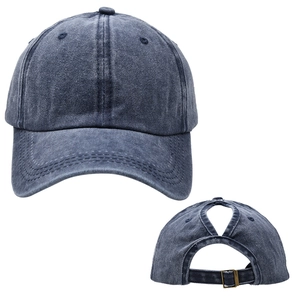 Washed navy blue cotton ponytail baseball cap with adjustable metal buckle and rear opening