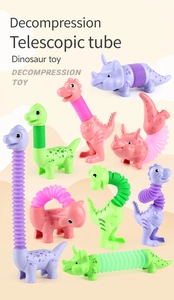 Macro detail of flexible telescopic tubes in colorful dinosaur decompression pop toys
