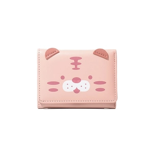 Cute pink tiger cartoon PU leather tri-fold wallet with 3D ears and card slots