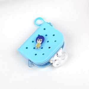 Blue silicone mini coin purse with cartoon charm, zipper closure and matching hook