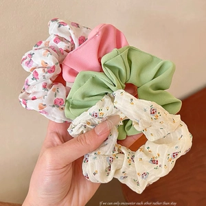 Scrunchies Floral Print Solid Color Chiffon Fabric Hair Ties Elastic Ponytail Holder Vintage Elegant For Women