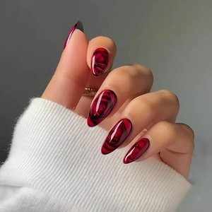 Smoked Rose Press On Nägel Weinrot Schwarz Marmormuster ABS Kunststoff Lange Mandelform Elegant Modisch Für Damen