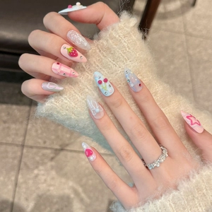 Handmade fruit soda style press-on nails with strawberry and cherry 3D bow designs