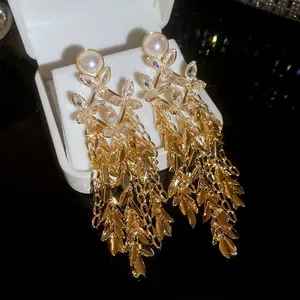 18K gold plated flower pearl tassel earrings with crystal butterfly details
