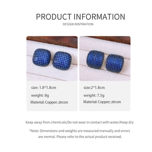Detailed view of blue zircon square earrings with dimensions and material specifications