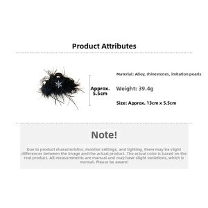 Vue détaillée de la pince à cheveux en plumes noires avec flocon de strass et dimensions