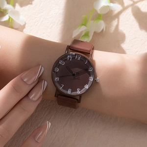 Fashion brown women's quartz watch with artistic digital dial and soft strap