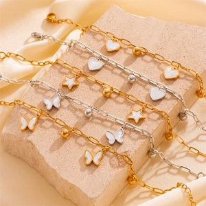 Gold and silver stainless steel paperclip chain bracelets with heart and butterfly charms