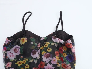 Detail of floral organza dress showing heart neckline and colorful rose patterns