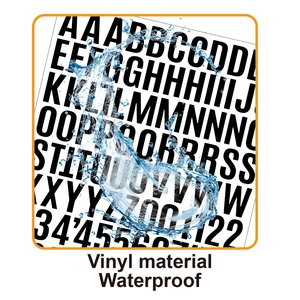 Macro shot of waterproof black vinyl letter and number stickers with water splash detail