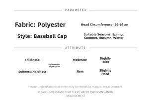 Größentabelle mit Details zu schnelltrocknender Baseballkappe aus Polyester und Maßen