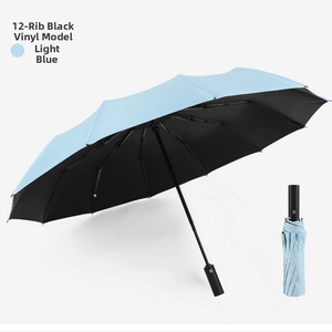Detail of 12-rib automatic folding umbrella in light blue with black anti-UV coating