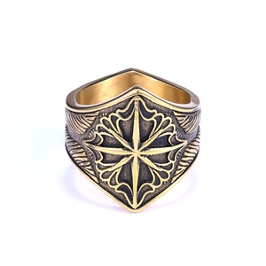 Vintage gold Nordic Viking shield ring with eight-pointed star cross in stainless steel