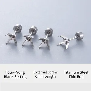 Four Prong Earring Stud Setting Titanium Steel Screw Back DIY Component For Jewelry Making