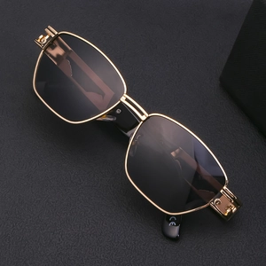 Steampunk gold metal square frame sunglasses with black polarized lenses for men