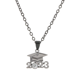 Close-up of 2023 graduation cap necklace pendant with a sparkling crystal detail