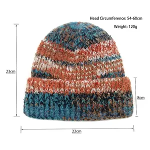 Bonnet en tricot dégradé coloré pour l'hiver, bonnet chaud en fil mélangé, 23x22cm