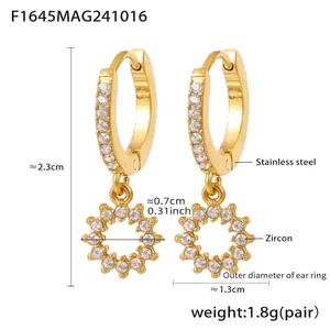 Detailed dimensions of gold zircon encrusted stainless steel gear earrings in white view