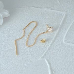 Detail of s925 silver four-leaf clover drop earrings with gold finish and zircon